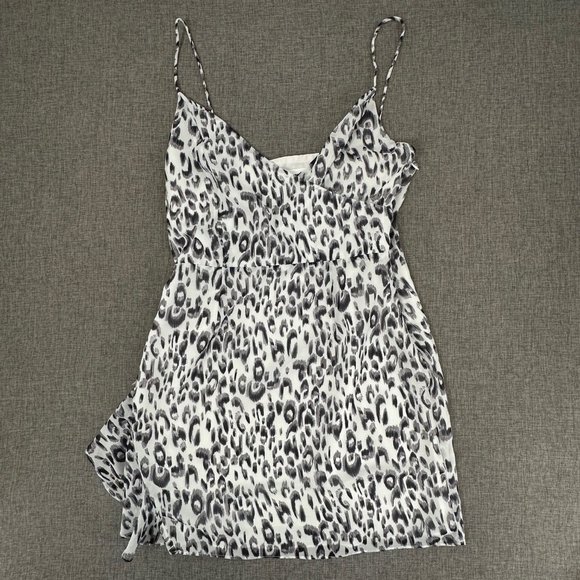 Sundown Mini Dress Lightweight Leopard Print Ruffled Slit V-Neck Spaghetti Strap - Picture 2 of 15